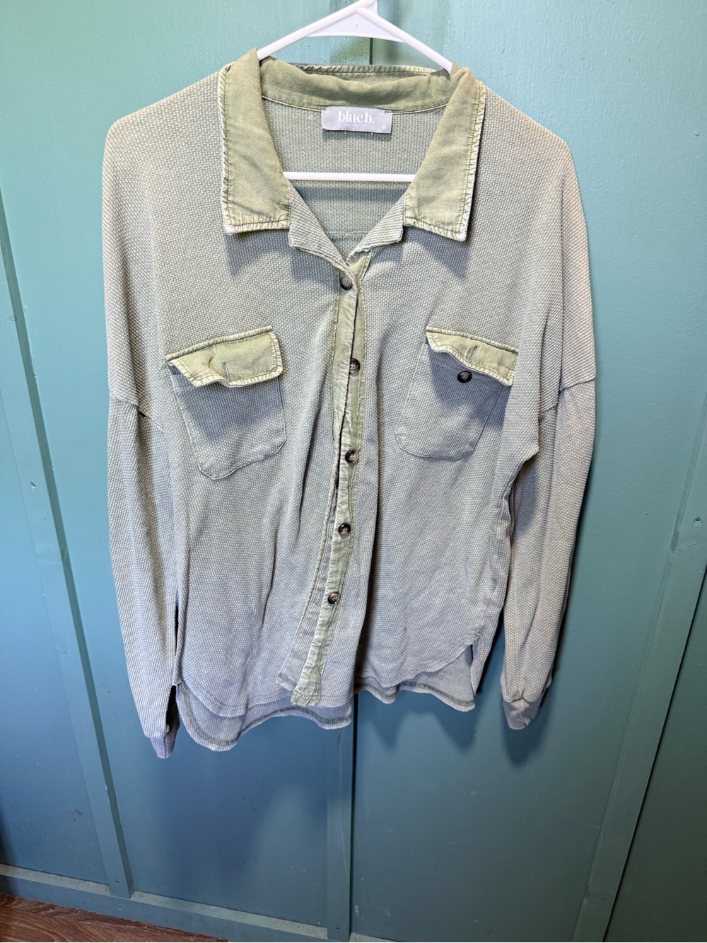 Blue-Green Button-Down Shirt with Pocket Details